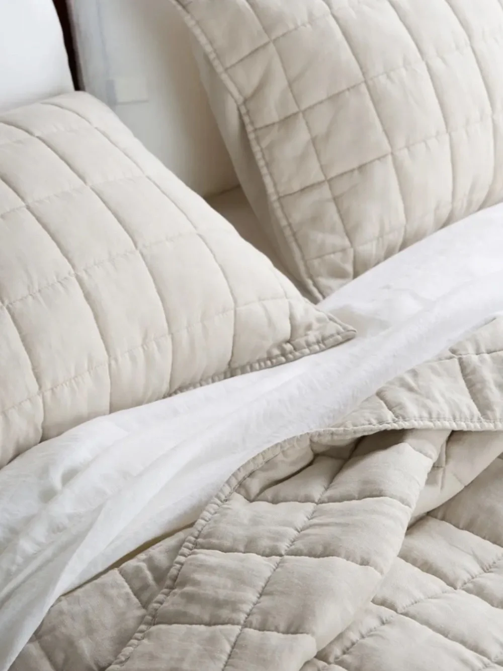 new European Linen Box Quilted Sham Set queen standard sand tan